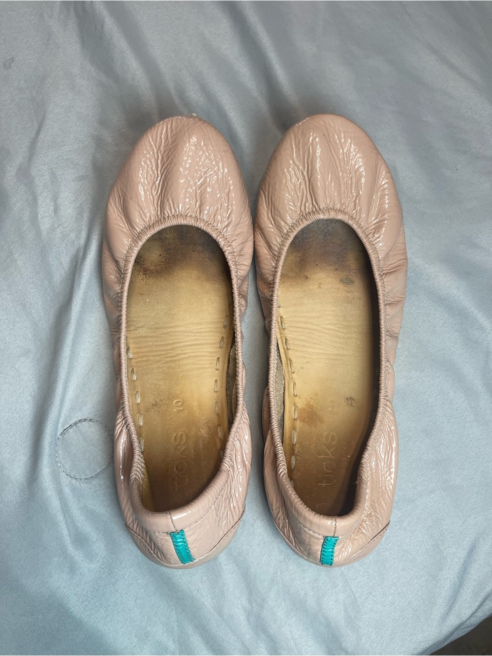 Tieks Ballet Flats in Blush Pink with Teal Heel Tab